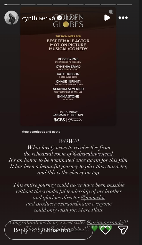 Cynthia Erivo celebrates consecutive Golden Globe nominations on a sweet note