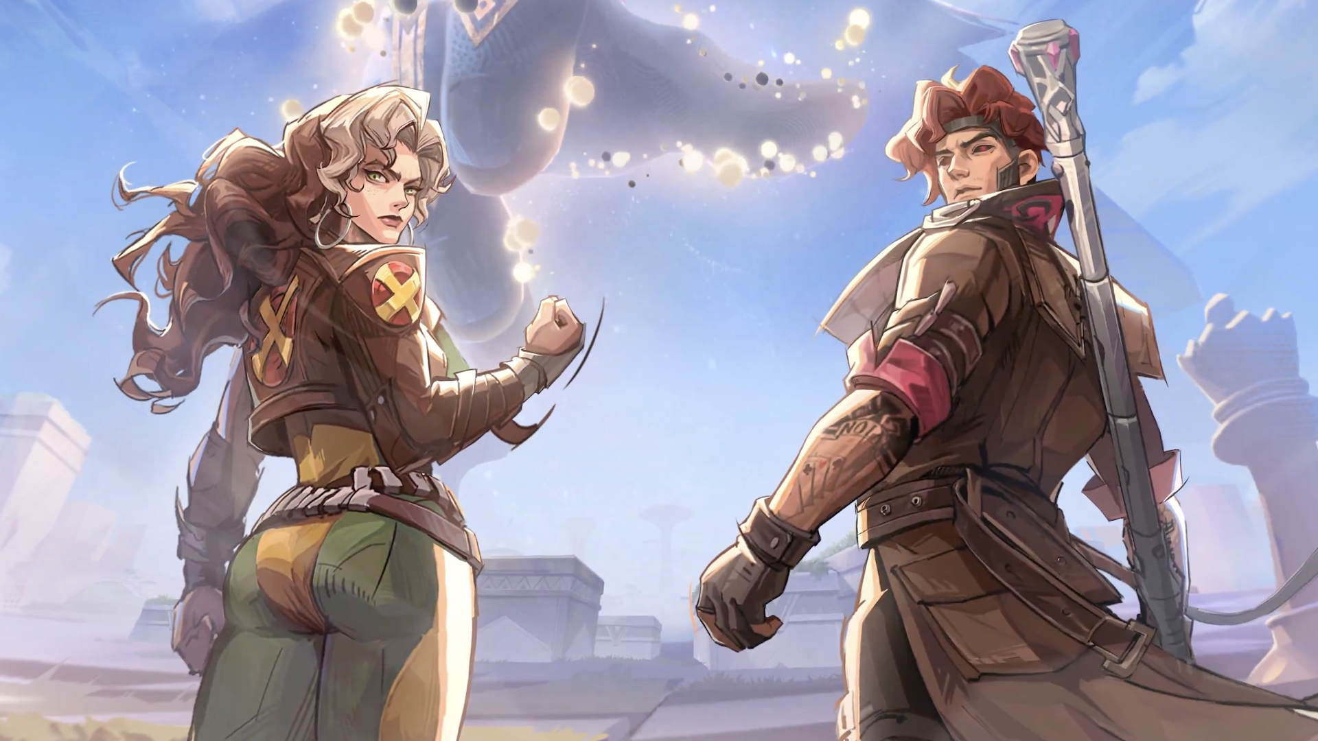 Rogue and Gambit are next to each other