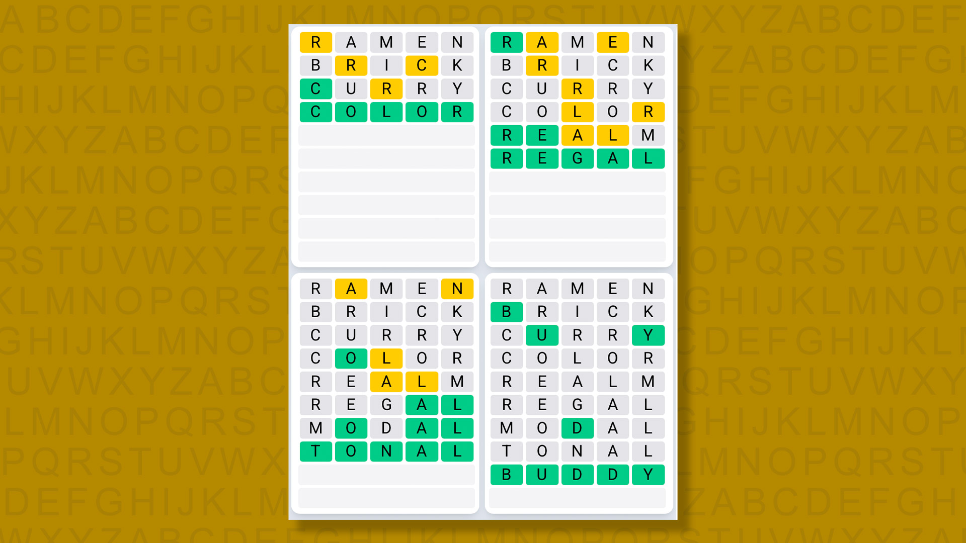 Quordle Daily Sequence answers for game 1440 on a yellow background