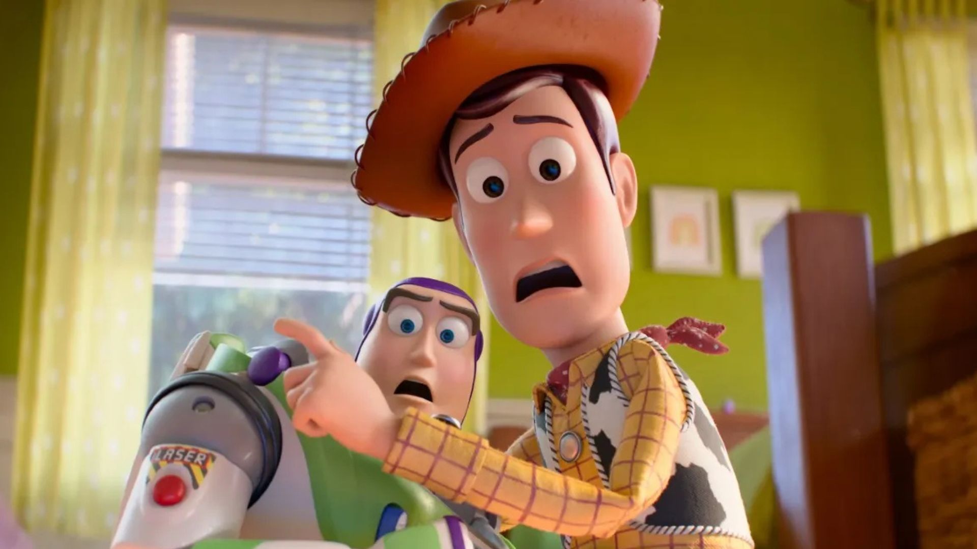 Buzz and Woody cower together
