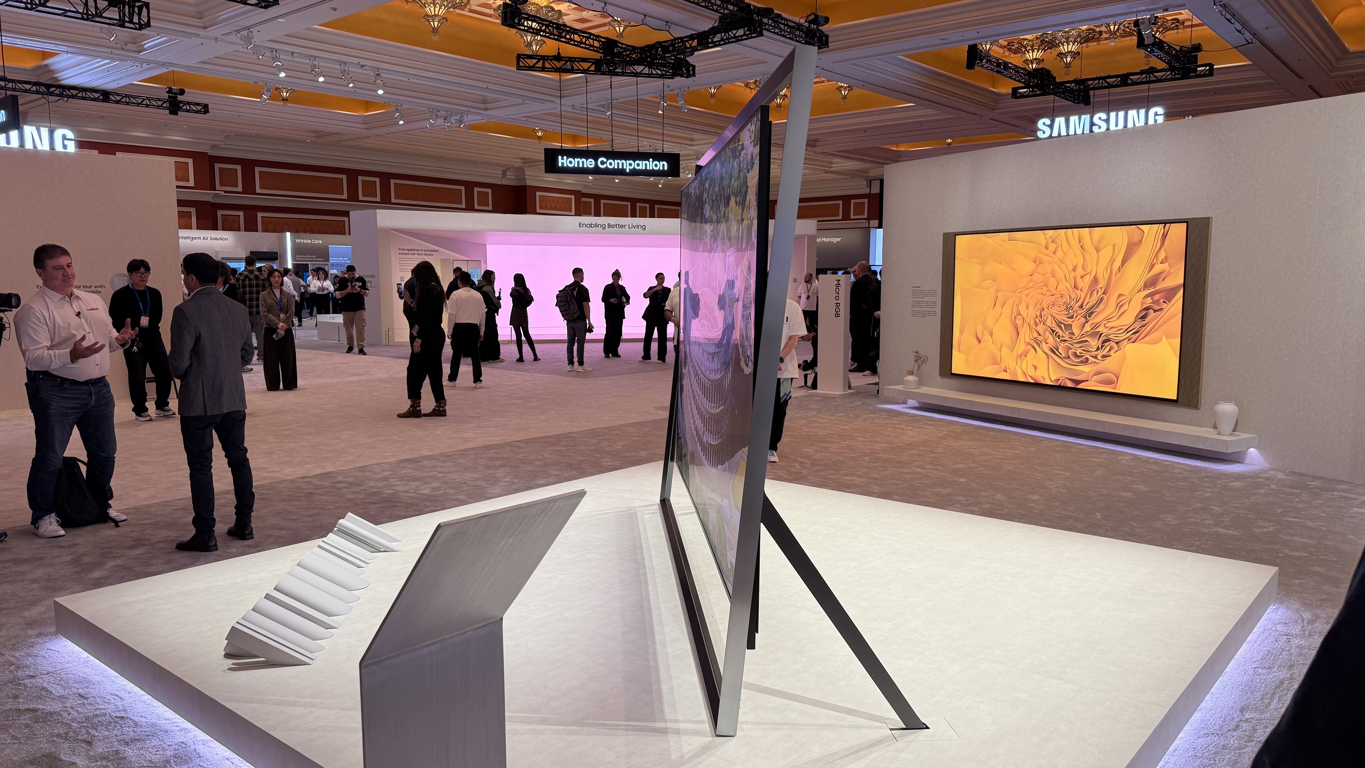 Samsung's Micro RGB TV at CES 2026 from the side, showing how the stand holds up