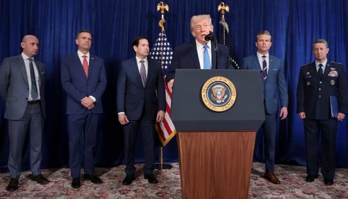 US President Donald Trump speaks as White House Deputy Chief of Staff Stephen Miller, CIA Director John Ratcliffe, Secretary of State Marco Rubio, Secretary of Defense Pete Hegseth and General Dan Caine, Chairman of the Joint Chiefs of Staff, look on during a press conference following a US attack on Venezuela where President Nicolás Maduro and his wife, Cilia Flores, were captured, at Trump's Mar-a-Lago club in Palm Beach, Florida, United States, on January 3, 2026. – Reuters
