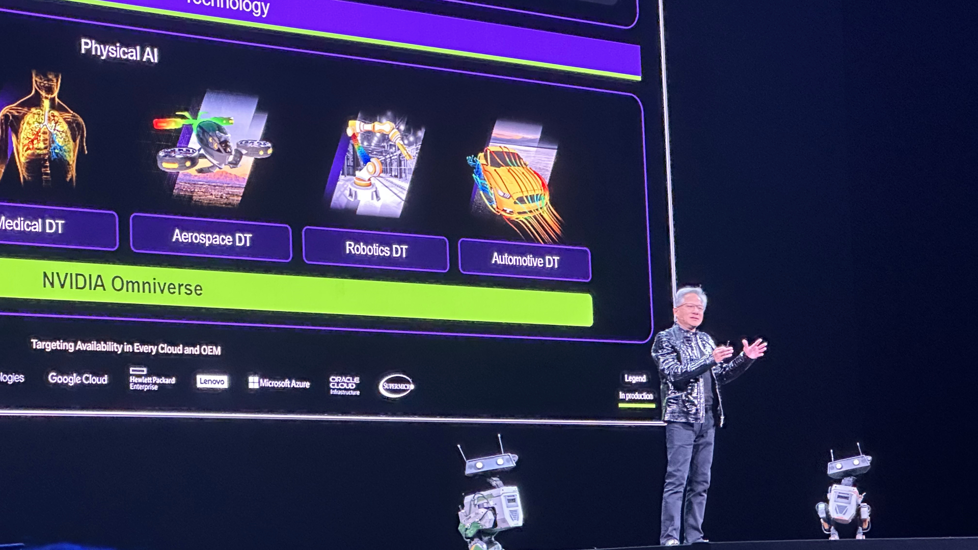 Jensen Huang at the Nvidia keynote with robots