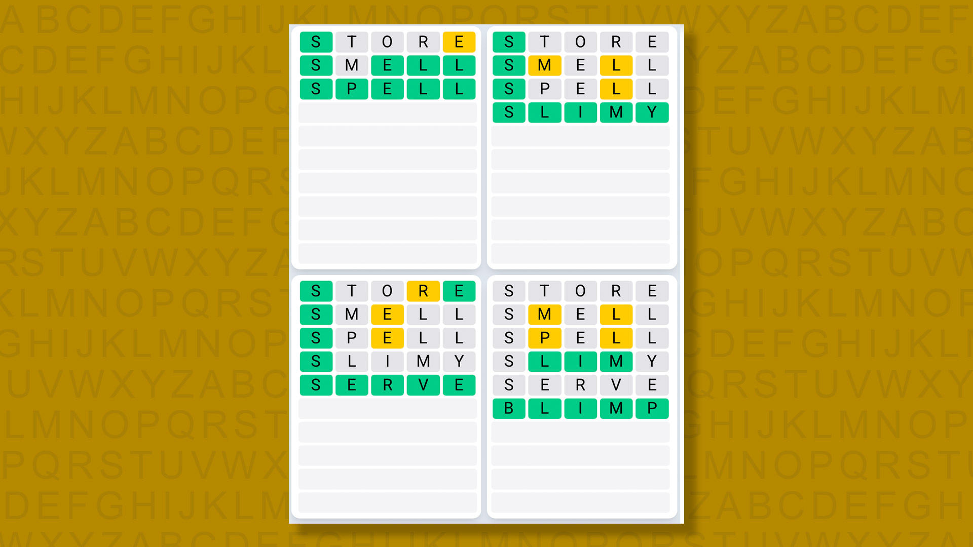 Quordle Daily Sequence answers for game 1446 on a yellow background