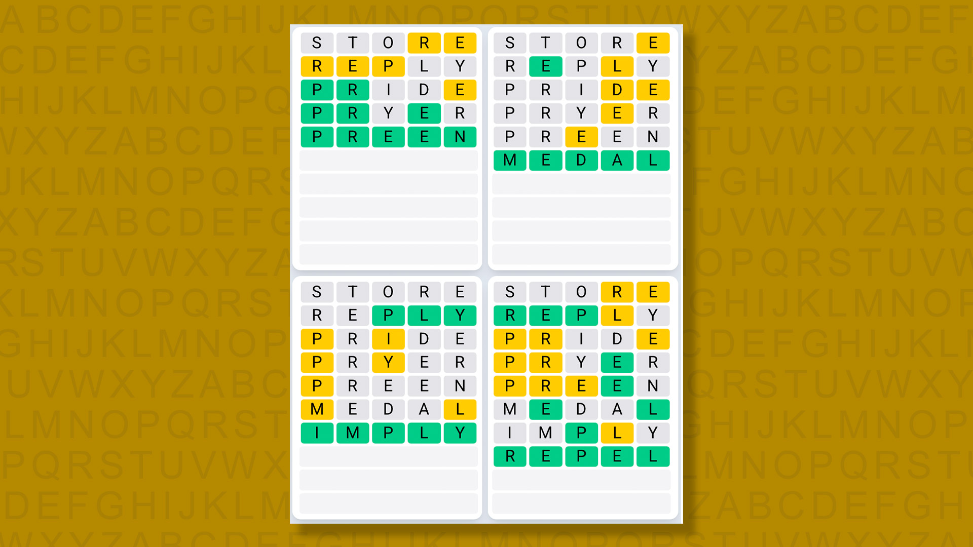 Quordle answers for game 1447 on a yellow background