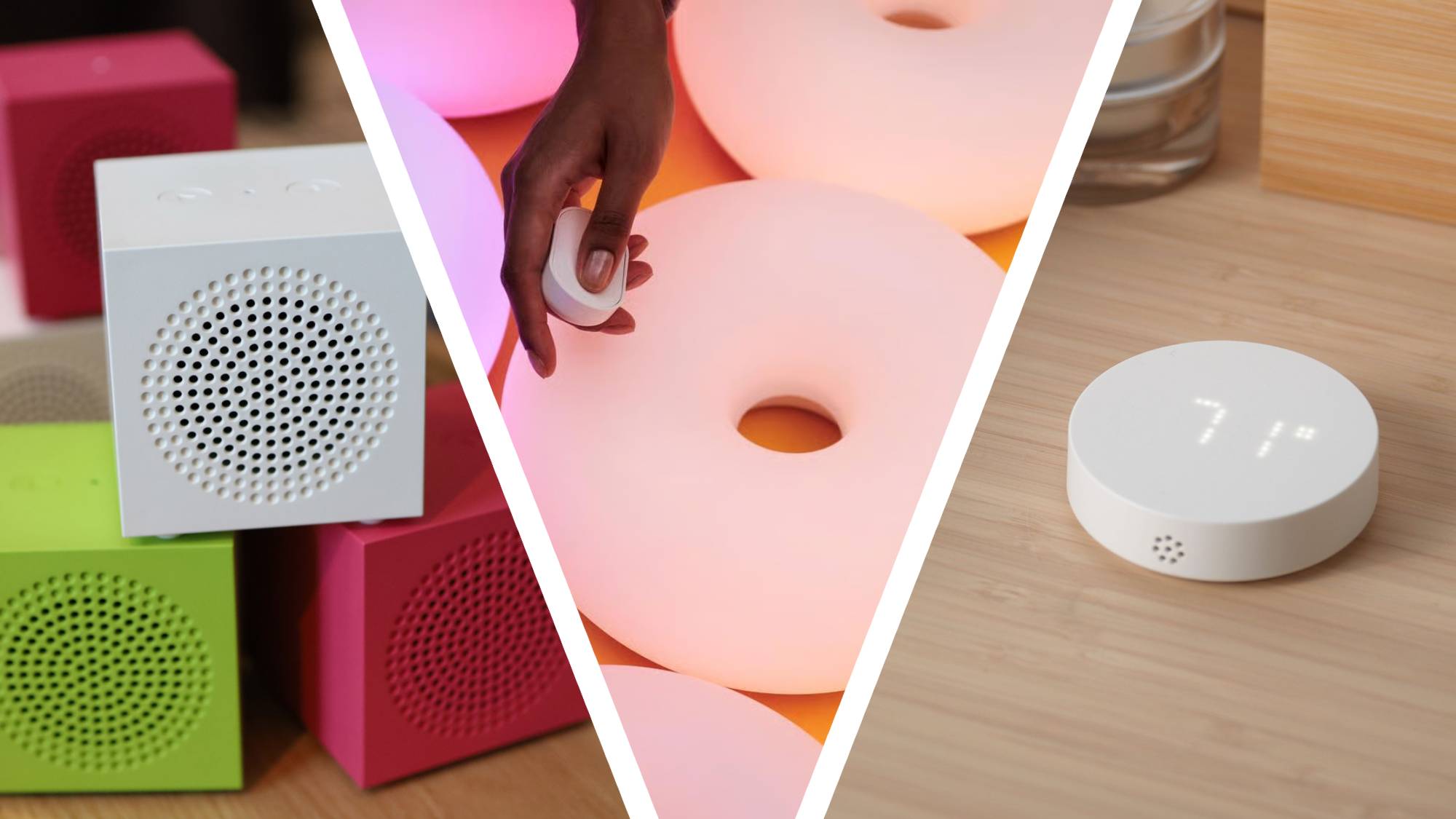 A split image showing three new IKEA products, including a speaker, a smart lamp and an air quality sensor.