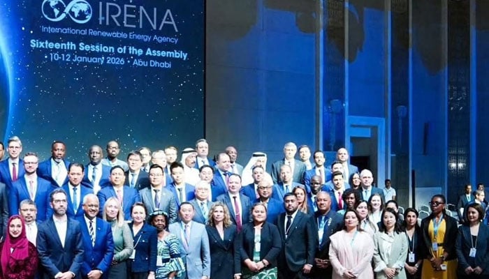Climate Change Coordinator Romina Khurshid Alam and other participants pose for a group photo at the 16th IRENA Assembly in Abu Dhabi. — Reporter