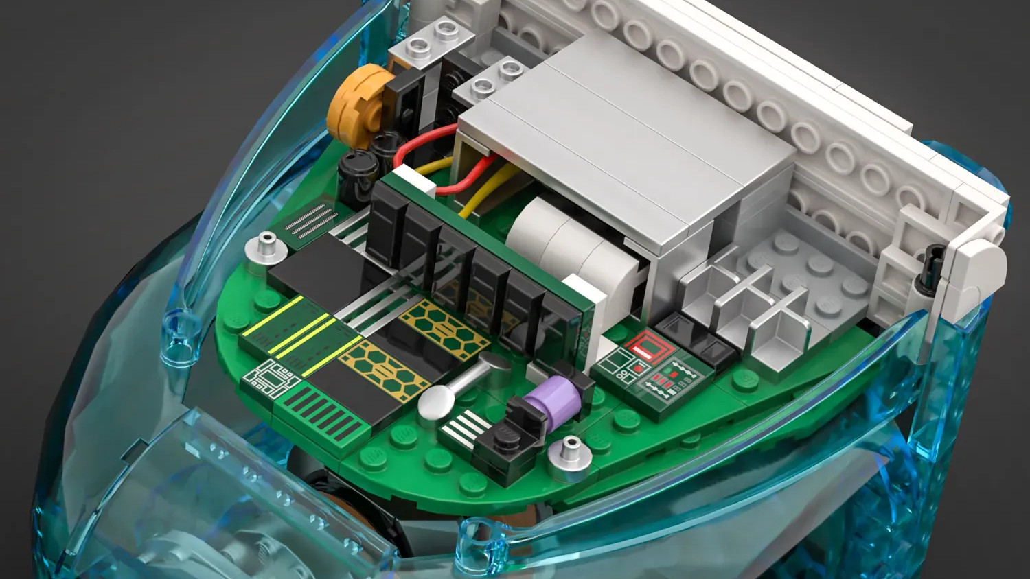 Top view of the iMac G3 Lego set concept showing the internal components