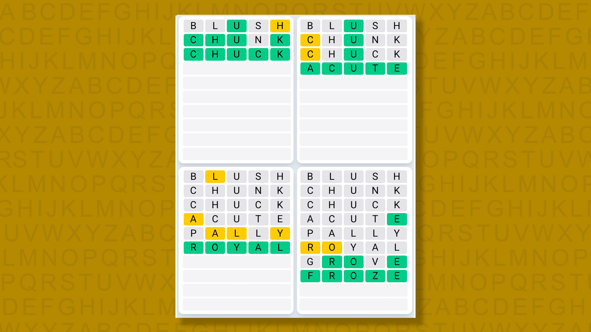 Quordle Daily Sequence answers for game 1452 on a yellow background