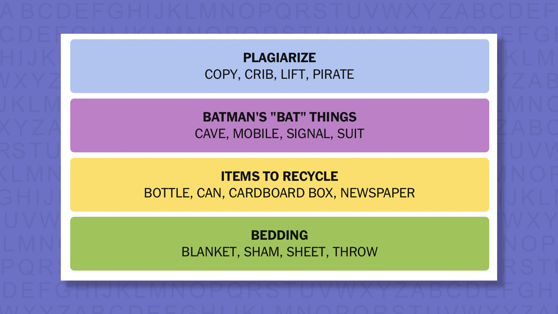 NYT Connections answers game 955 on a purple background