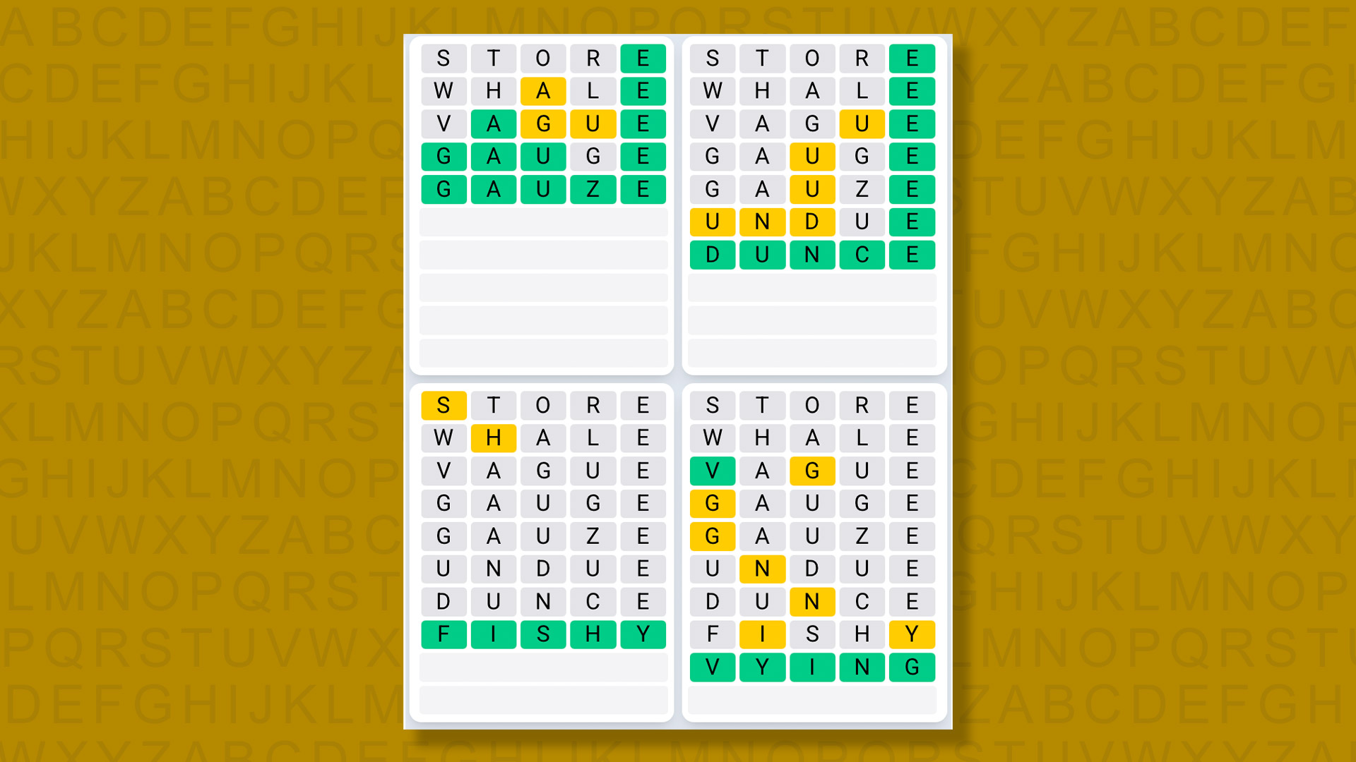 Quordle Daily Sequence answers for game 1458 on a yellow background