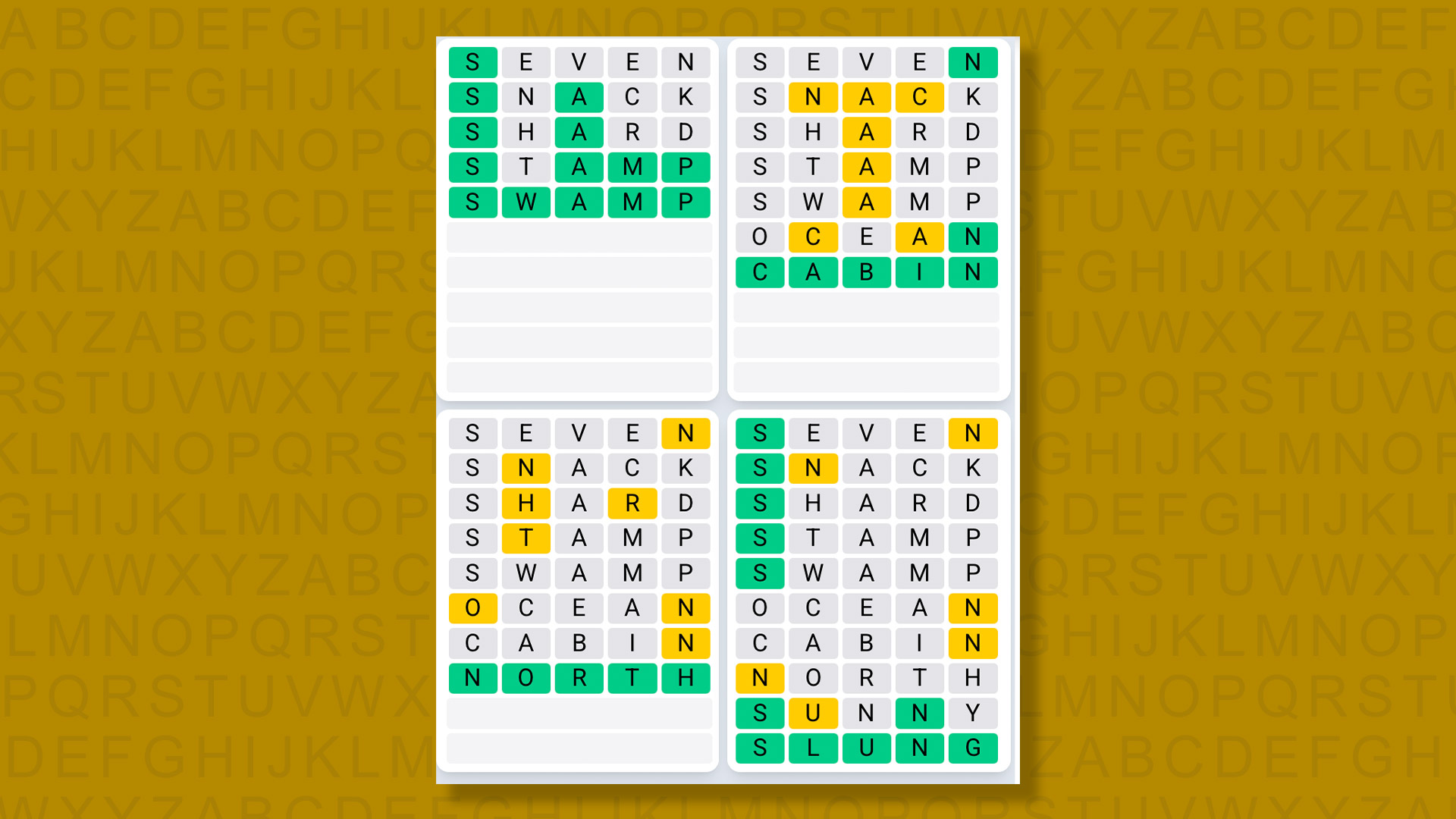 Quordle Daily Sequence answers for game 1462 on a yellow background