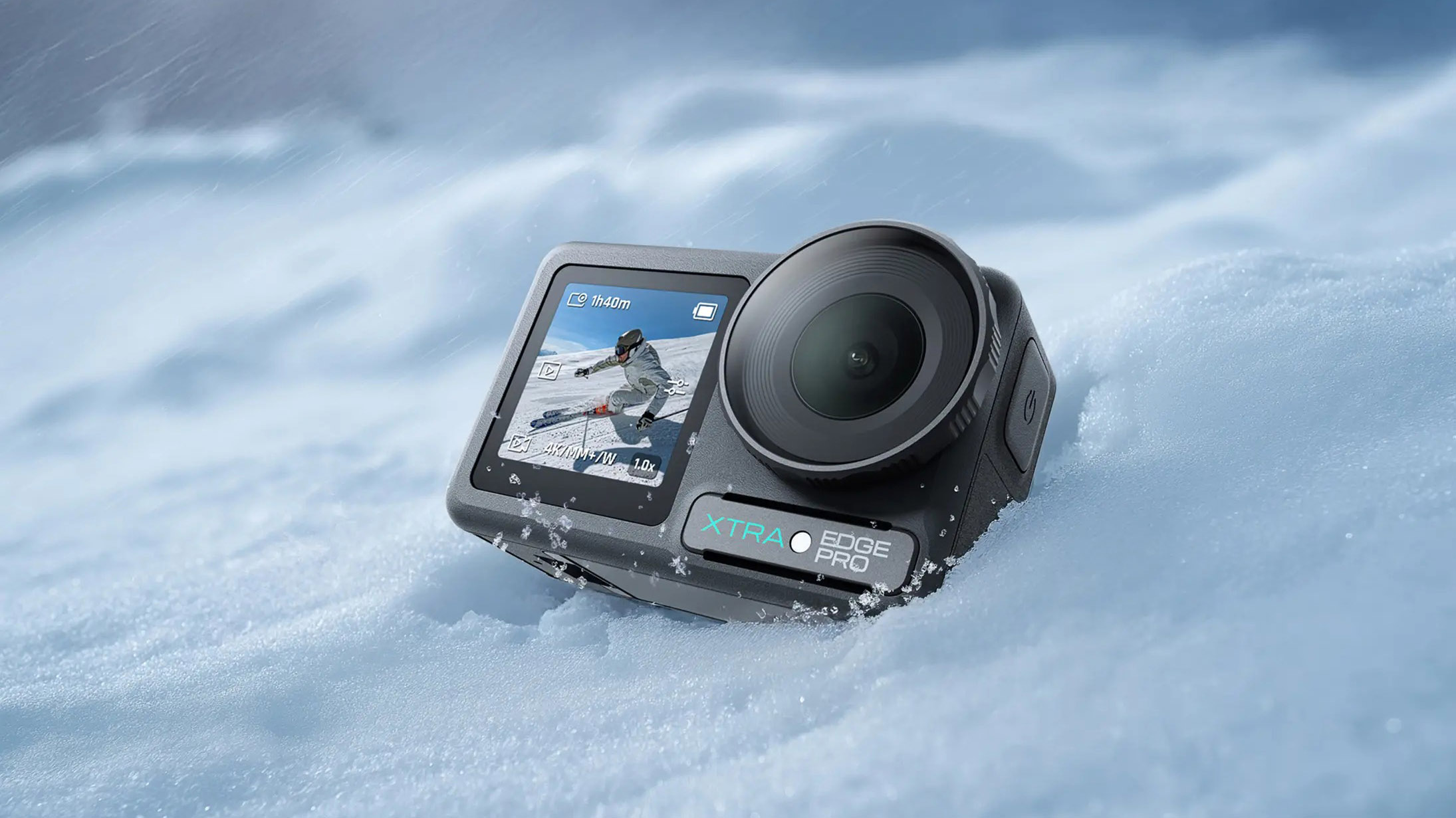 Xtra Edge Pro action camera half buried in snow