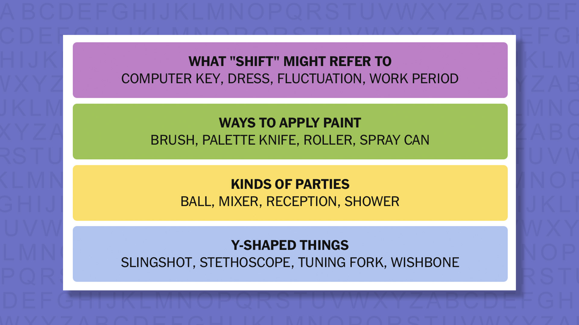 NYT Connections answers game 965 on a purple background