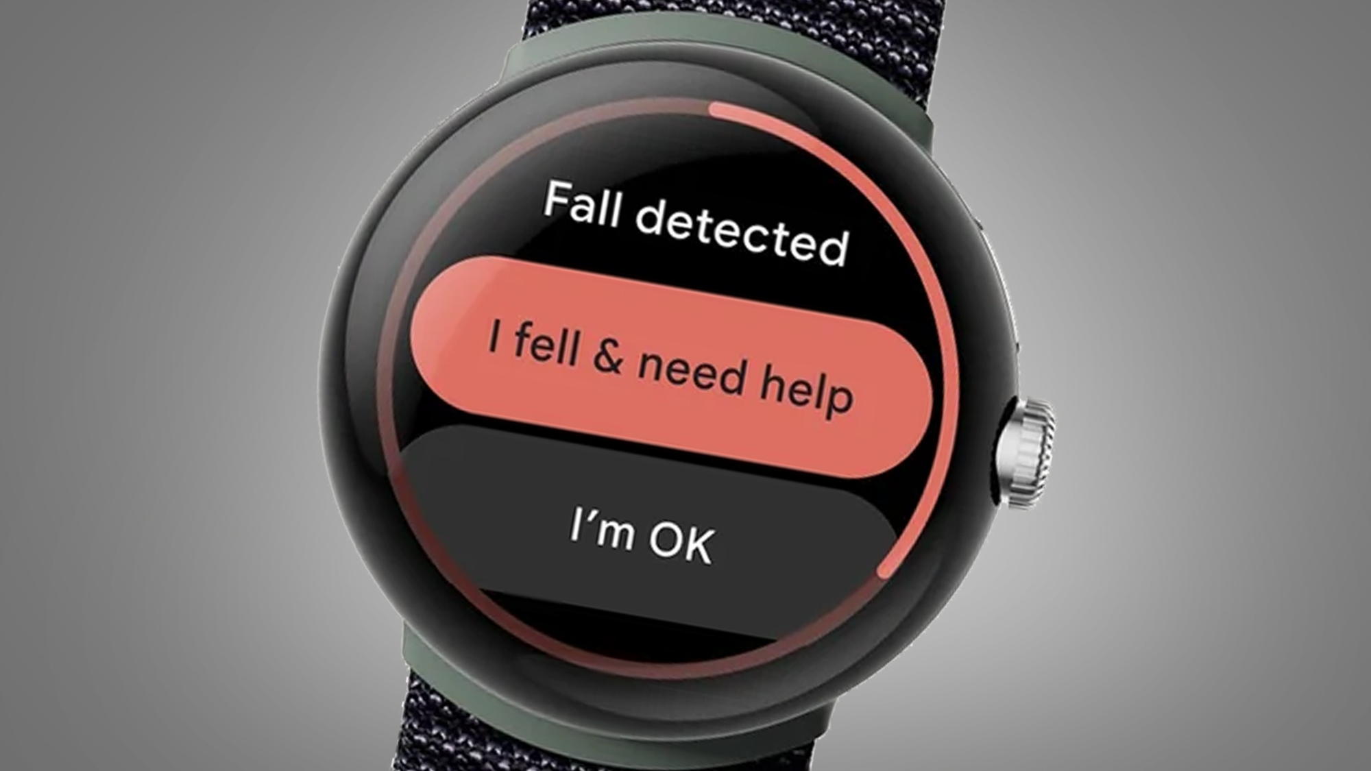 A Google Pixel Watch showing fall detection on a gray background