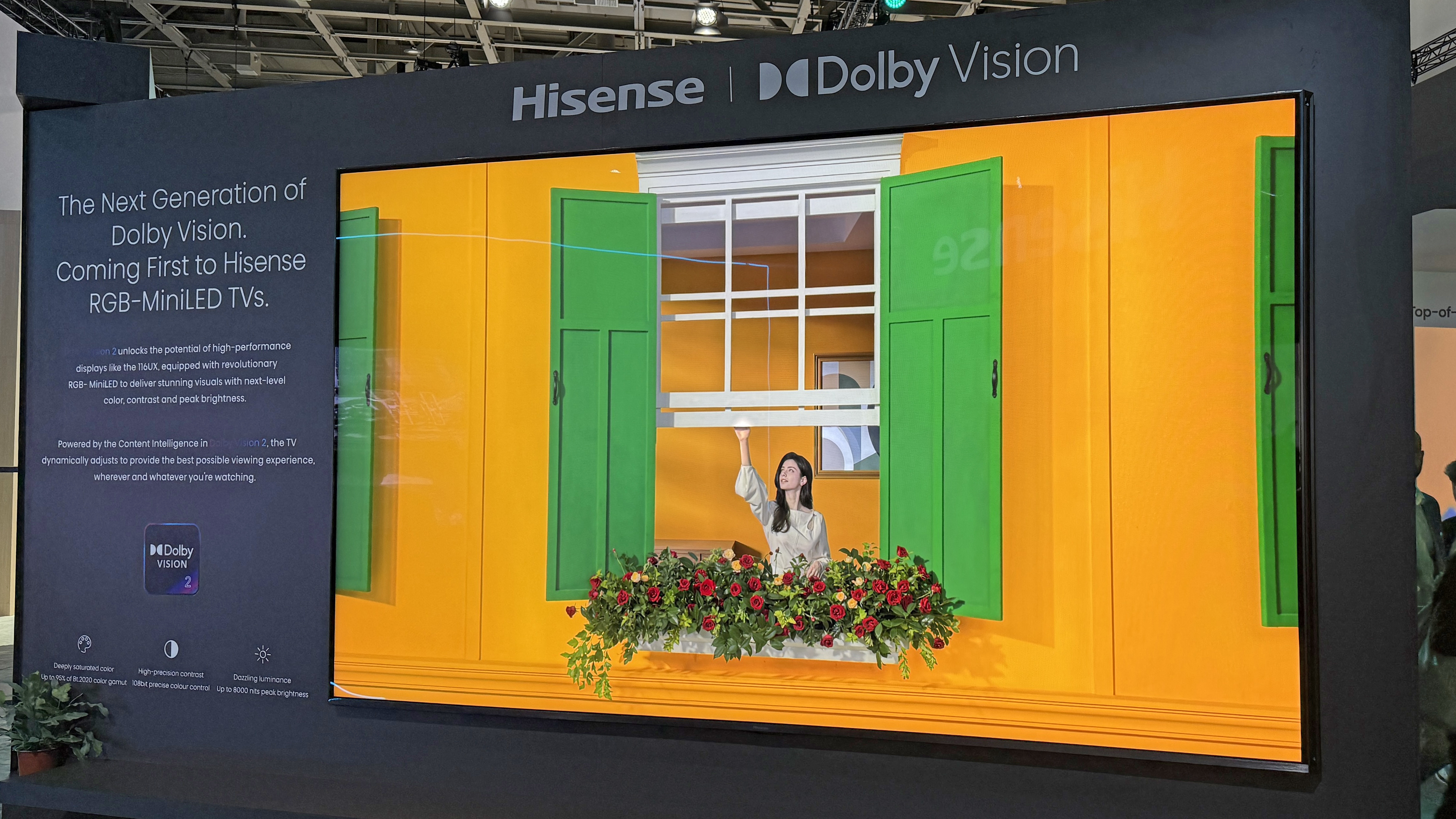 A Hisense television displaying Dolby Vision 2 images, with the Dolby Vision logo