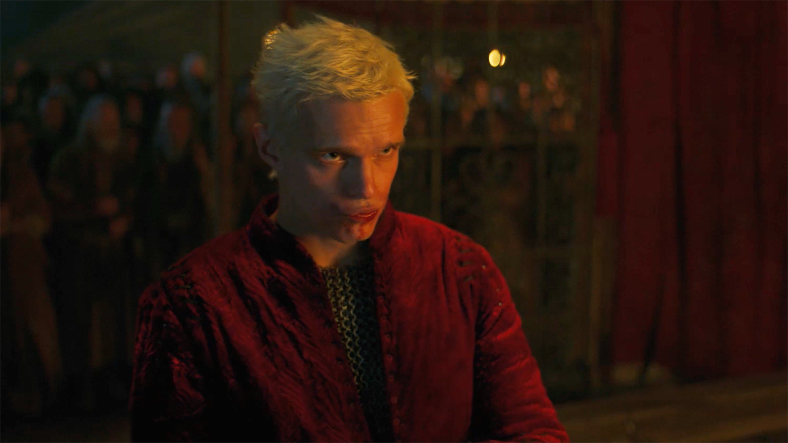 Aerion pouting and staring at a Dunk off-camera in episode 3 of A Knight of the Seven Kingdoms.