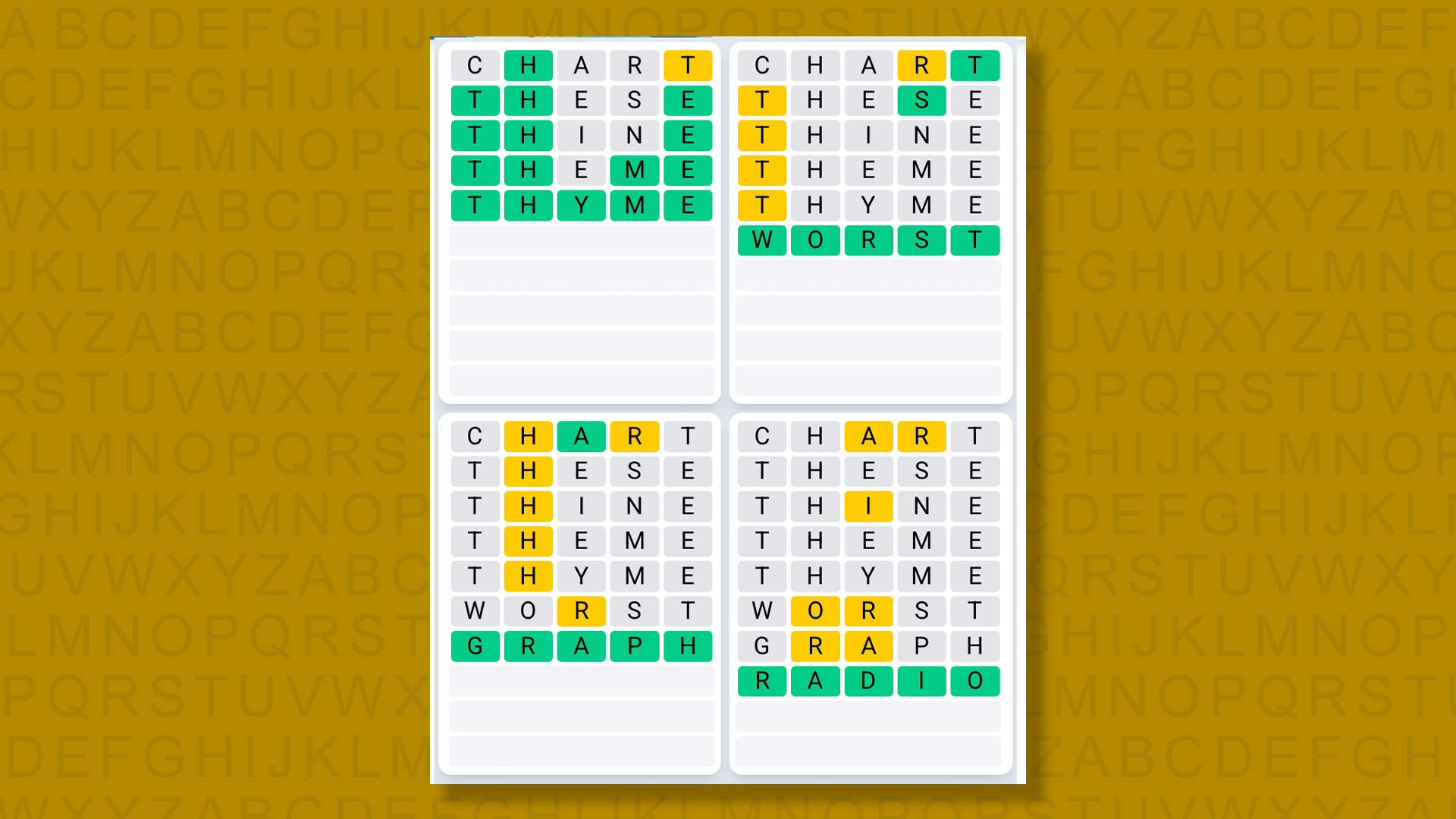 Quordle Daily Sequence answers for game 1471 on a yellow background