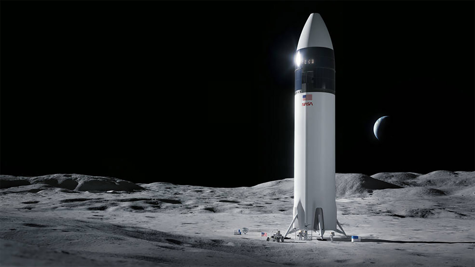 A SpaceX rendering of its lunar lander on the Moon with American astronauts on the surface of the Moon