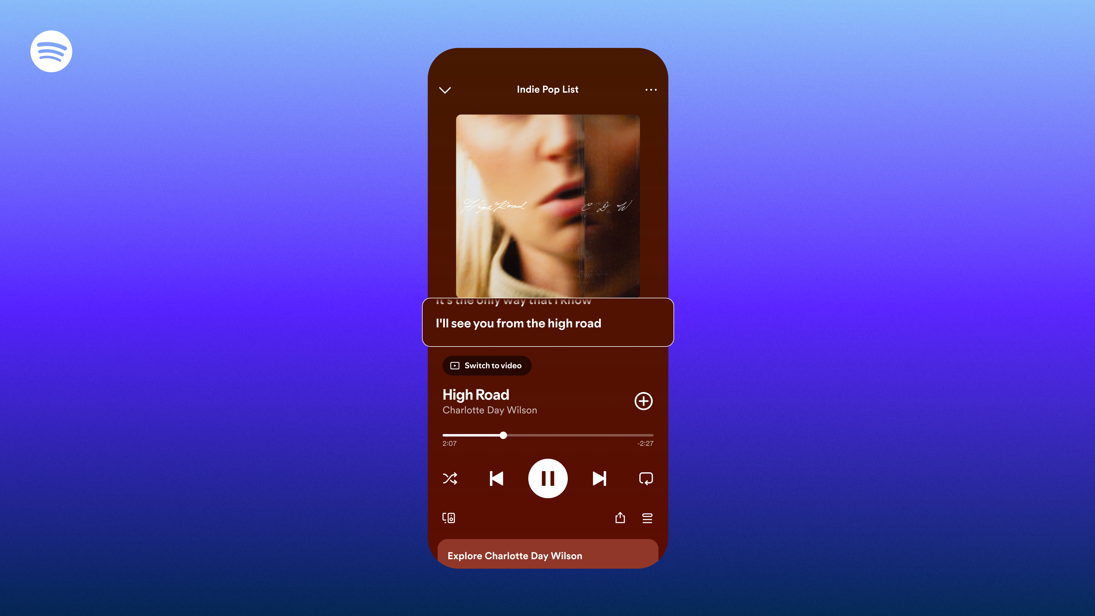 A smartphone showing the new lyrics tab on the Spotify play page