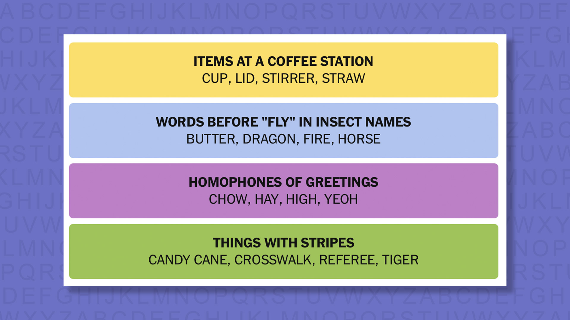 NYT Connections answers game 971 on a purple background