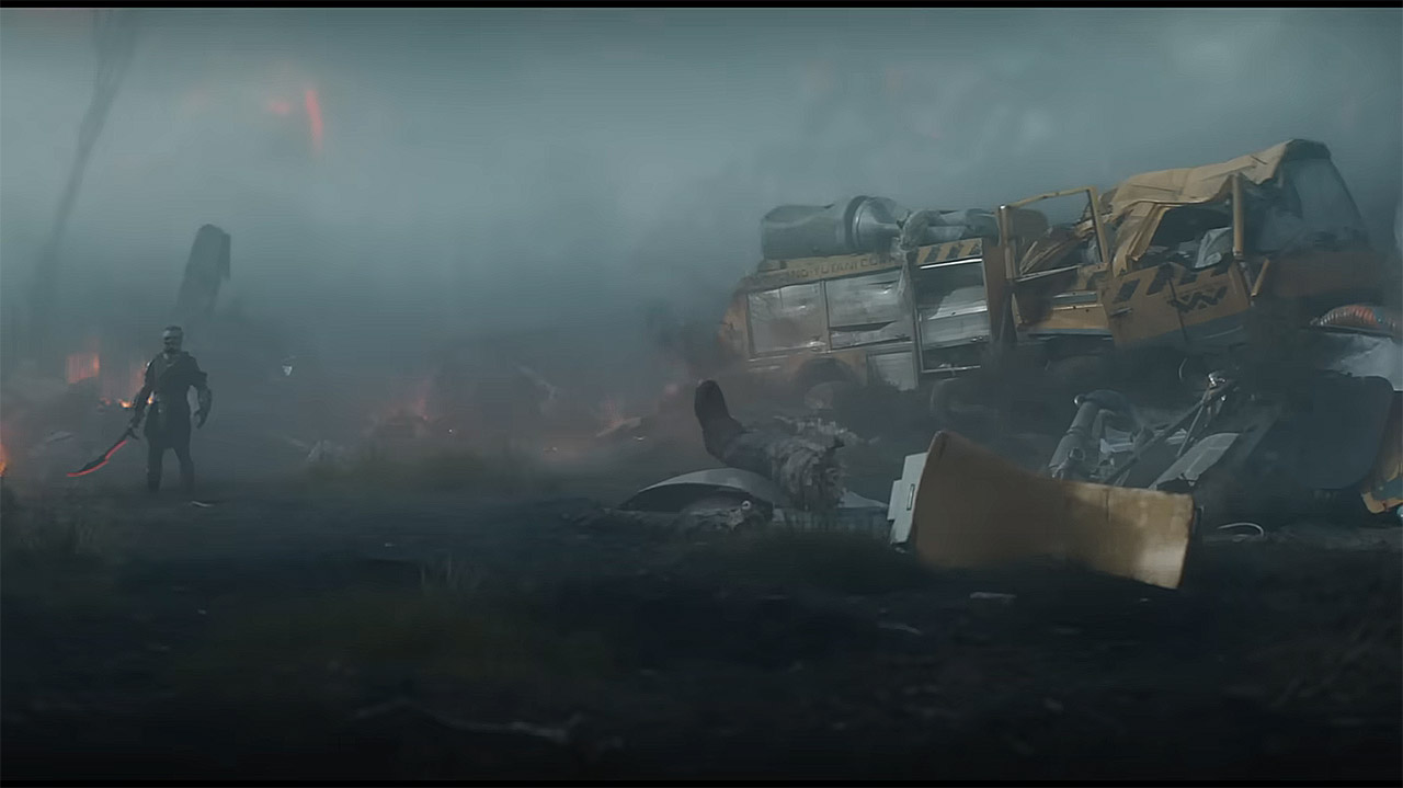 A Predator standing near a wrecked Weyland-Yutani vehicle in Predator: Badlands