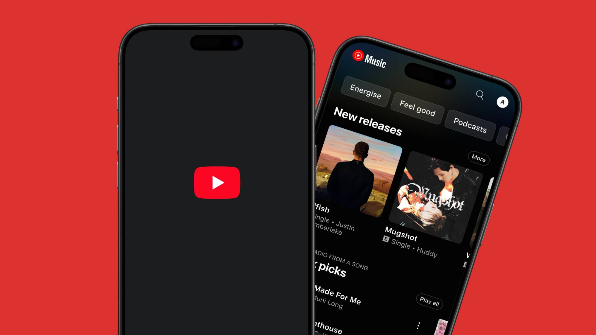 Two iPhones displaying the YouTube logo and the YouTube Music home page.