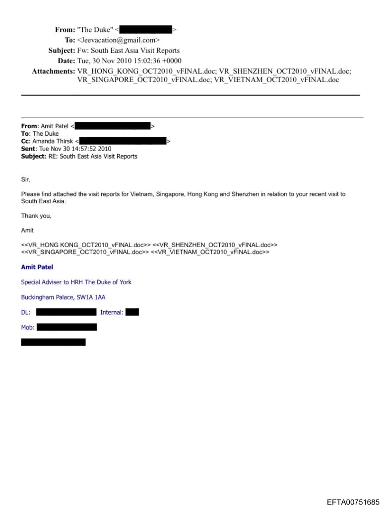 Andrew receives an email at 2:57 p.m. and forwards it to Epstein 5 minutes later at 3:02 p.m.