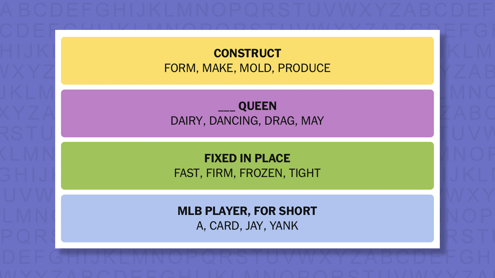 NYT Connections answers game 977 on a purple background