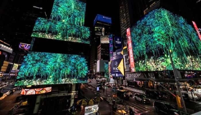 A hand-painted animation by Eeman Masood projected onto billboards in Times Square in New York City, USA - Instagram/@eeman.masood