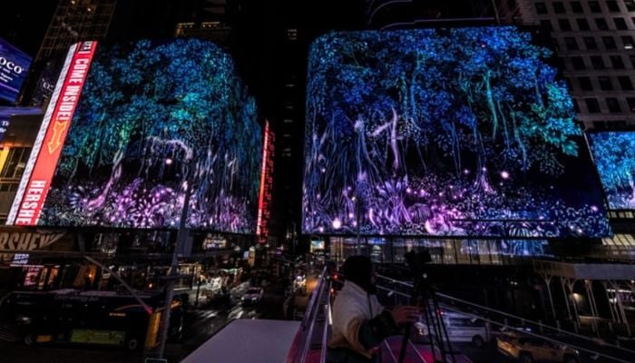 A hand-painted animation by Eeman Masood projected onto billboards in Times Square in New York City, USA - Instagram/@eeman.masood