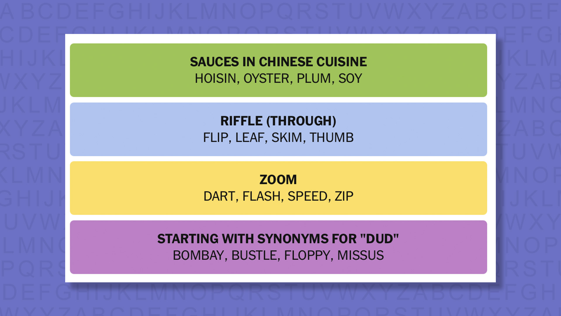 NYT Connections answers game 982 on a purple background