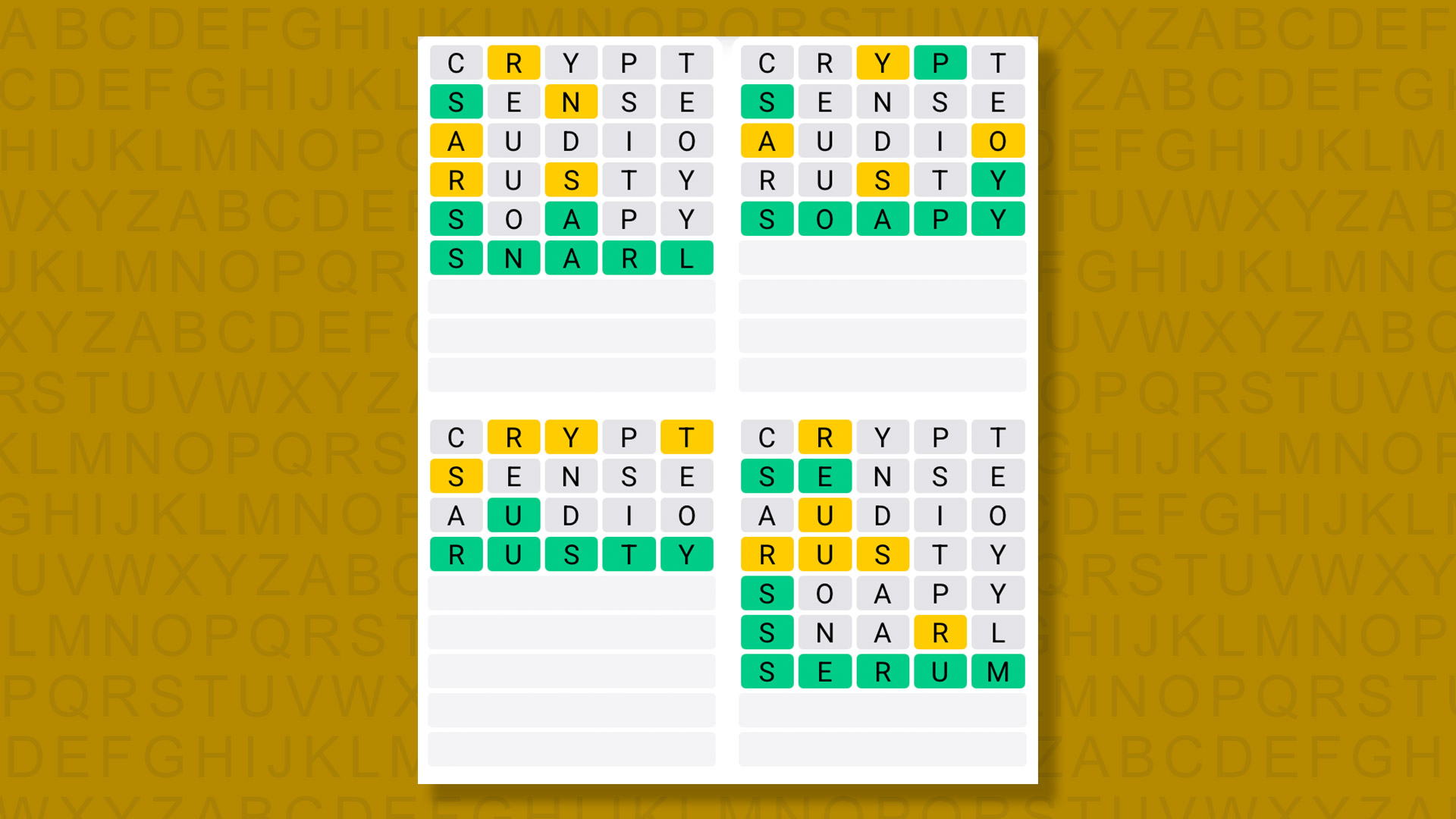 Quordle answers for the game 1486 on a yellow background