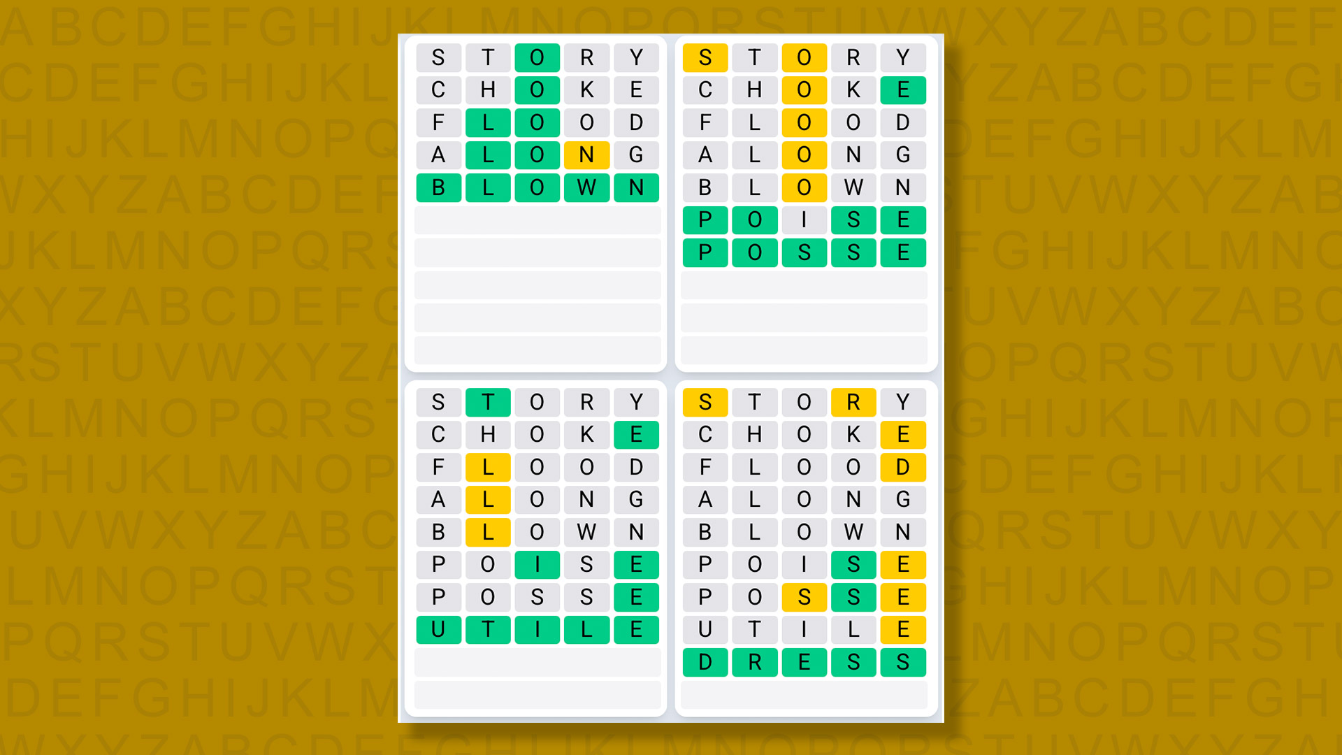 Quordle Daily Sequence answers for game 1486 on a yellow background