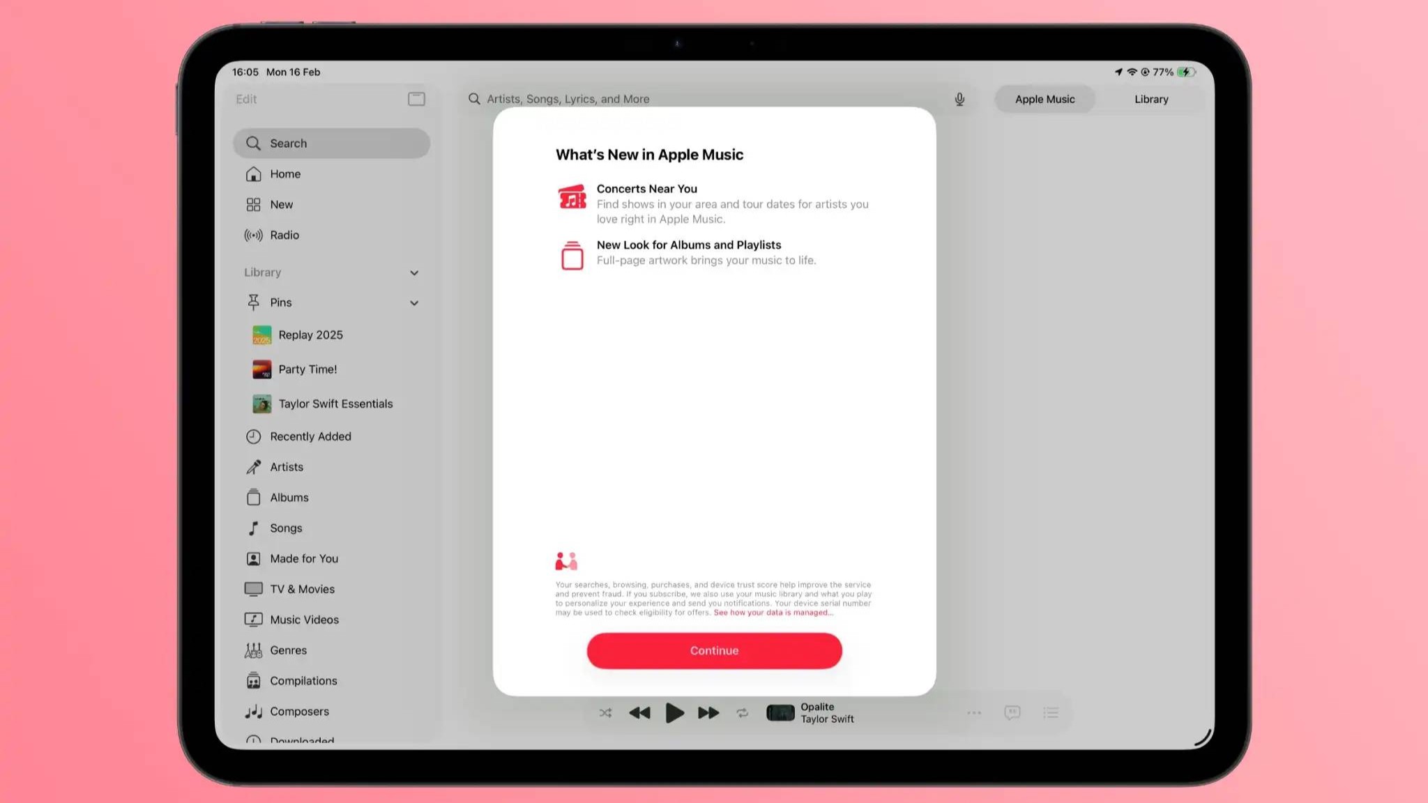An iPad with a pop-up window on Apple Music indicating that you can watch upcoming live concerts