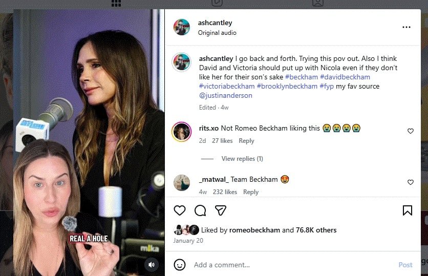 Nicola blamed in viral clip that Romeo liked in the middle of the dispute with Beckham