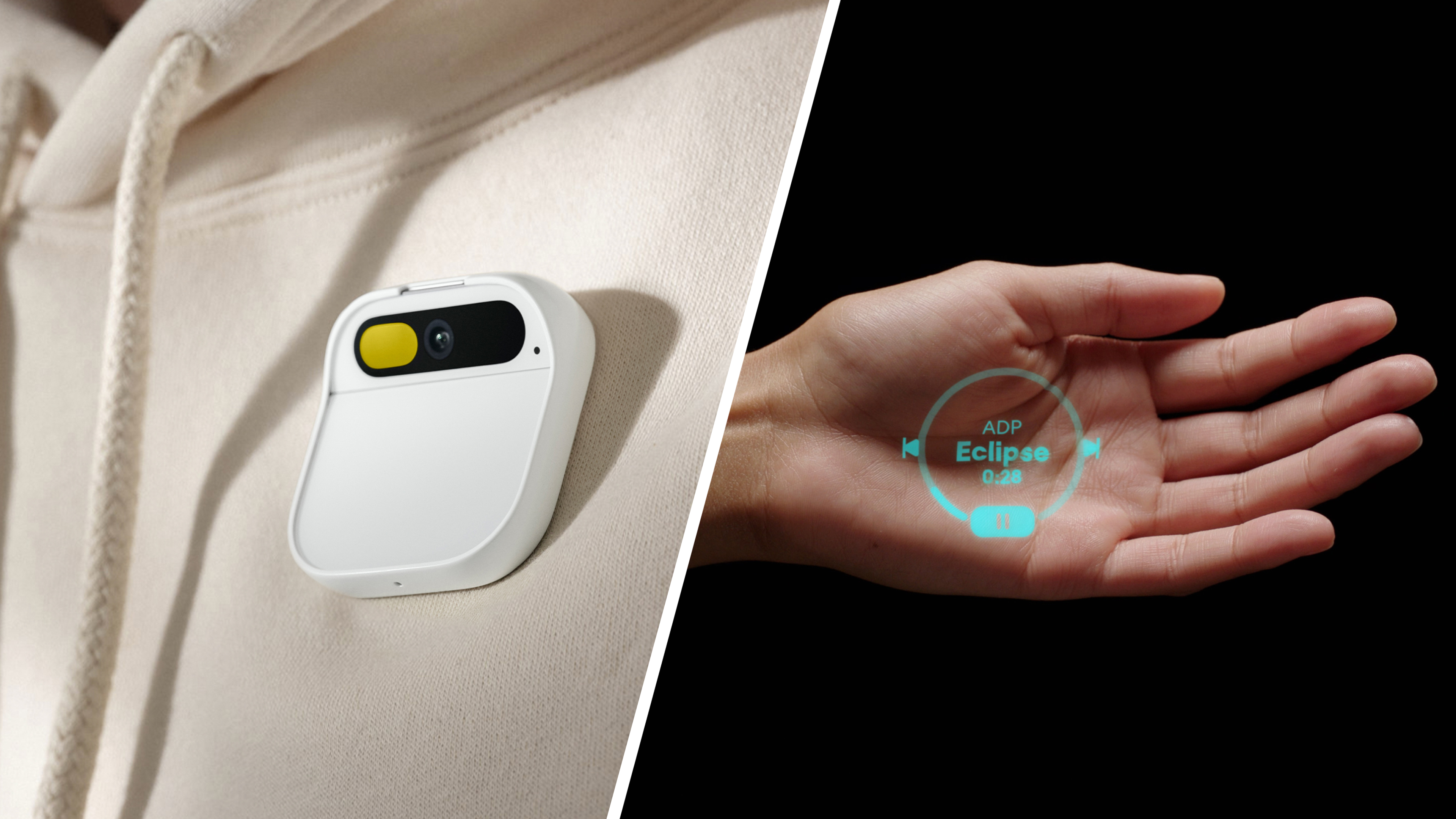 The Human AI Pin with a hoodie and a hand showing his laser projector