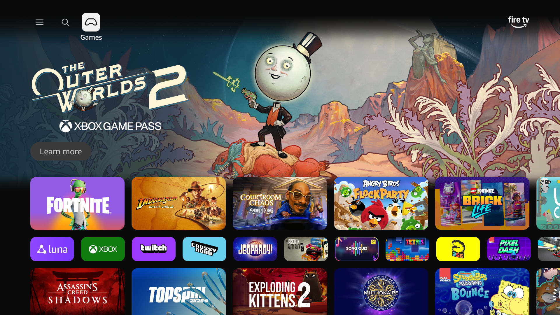 Screenshot of the Fire TV 2026 interface showing Xbox Game Pass integration