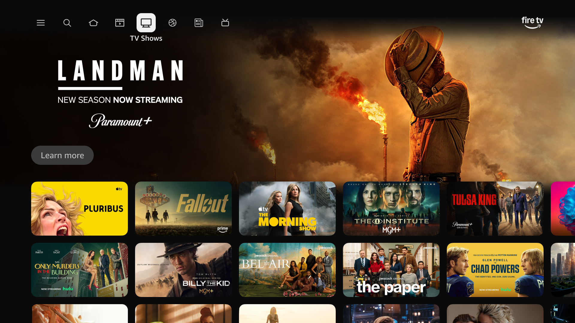Screenshot of the Fire TV 2026 interface showing a main image of the Landman show and icons for several shows below