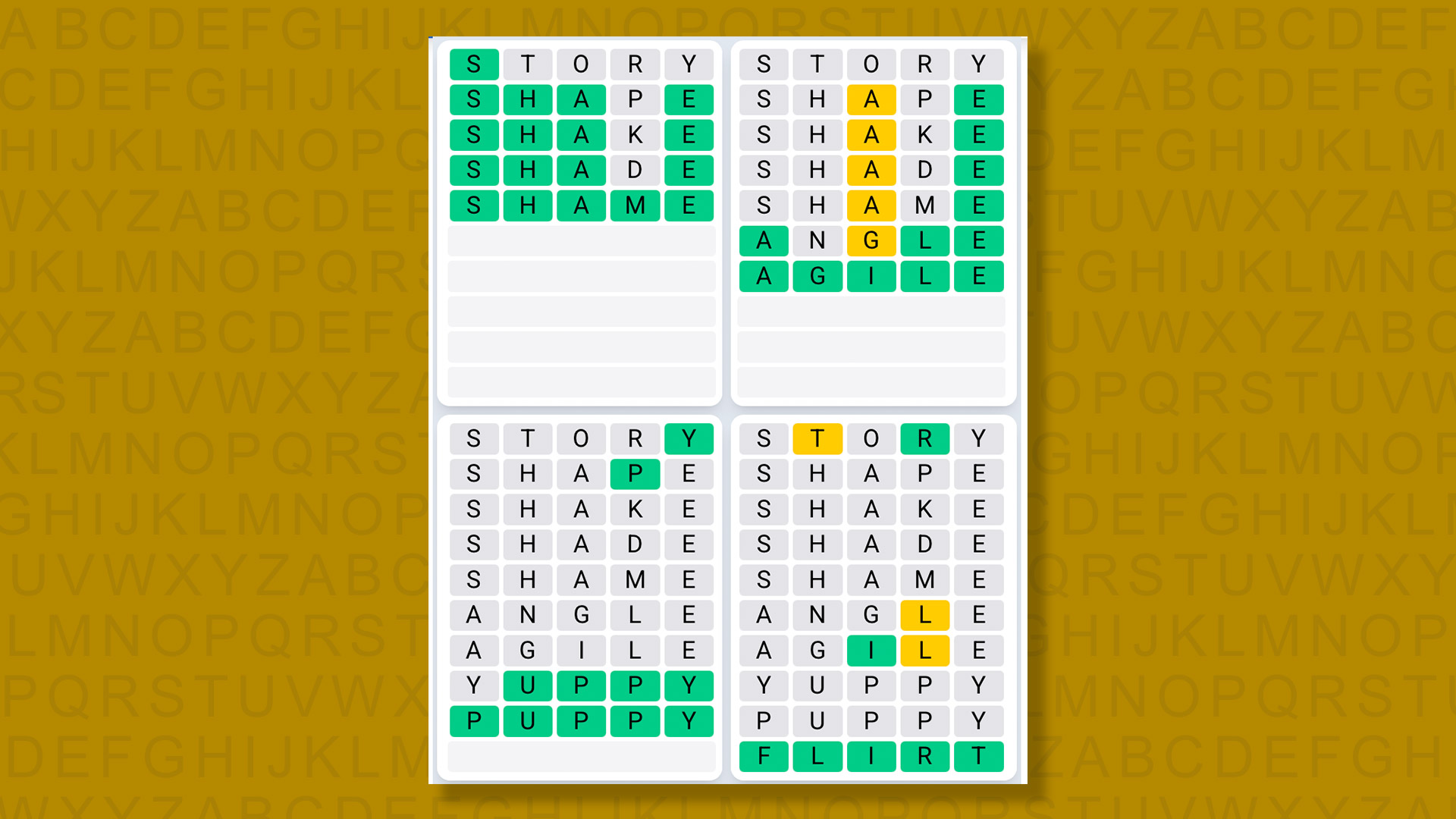 Quordle Daily Sequence answers for game 1489 on a yellow background