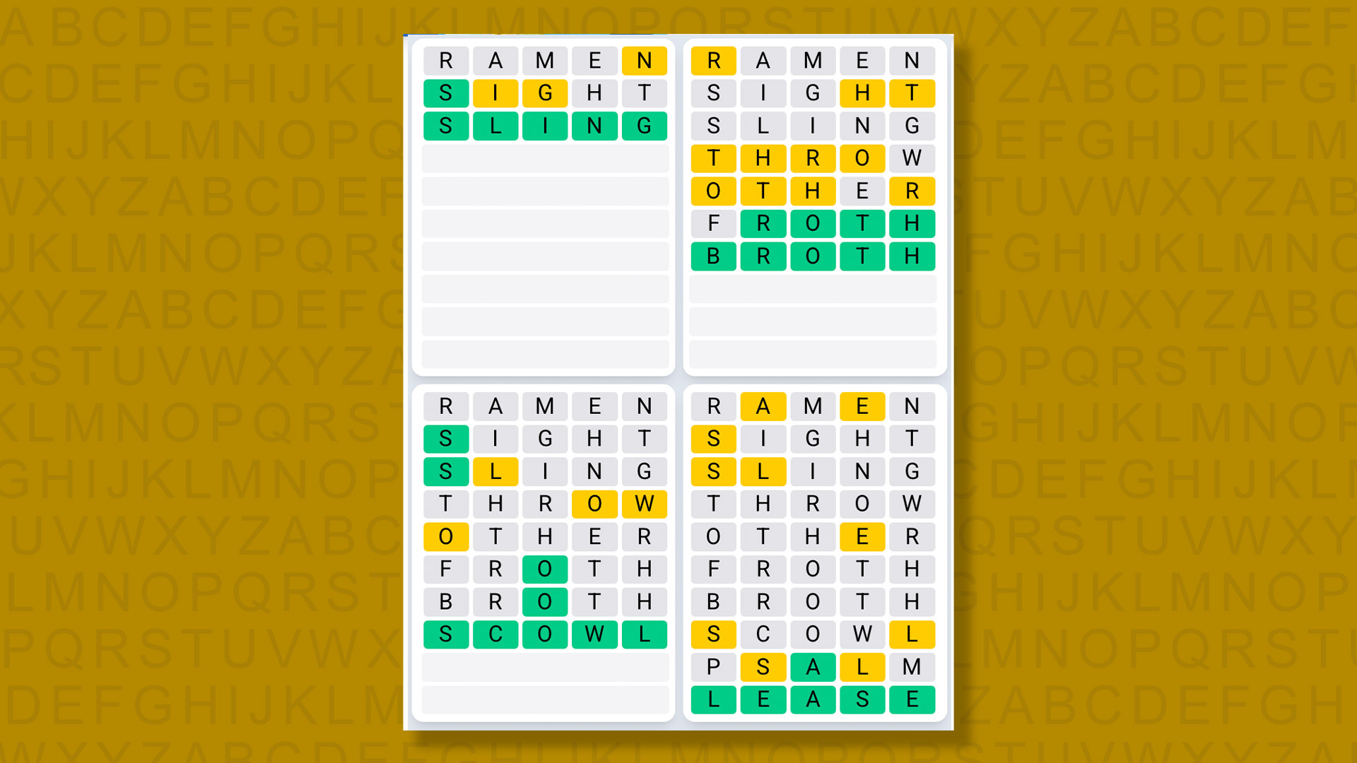 Quordle Daily Sequence answers for game 1490 on a yellow background