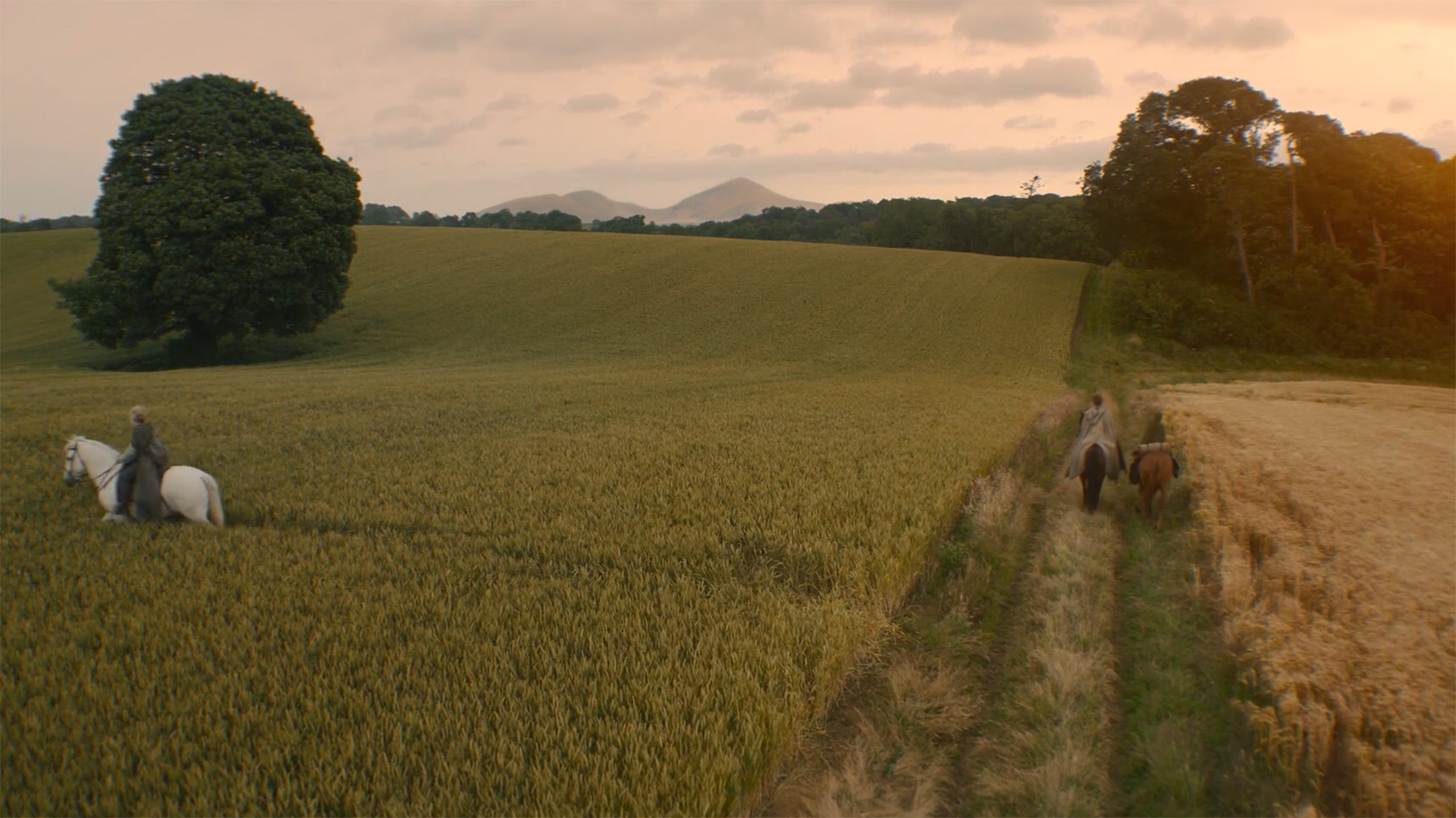 Ser Arlan rides to the left as Dunk and Egg advance in the penultimate scene of episode 6 of A Knight of the Seven Kingdoms.