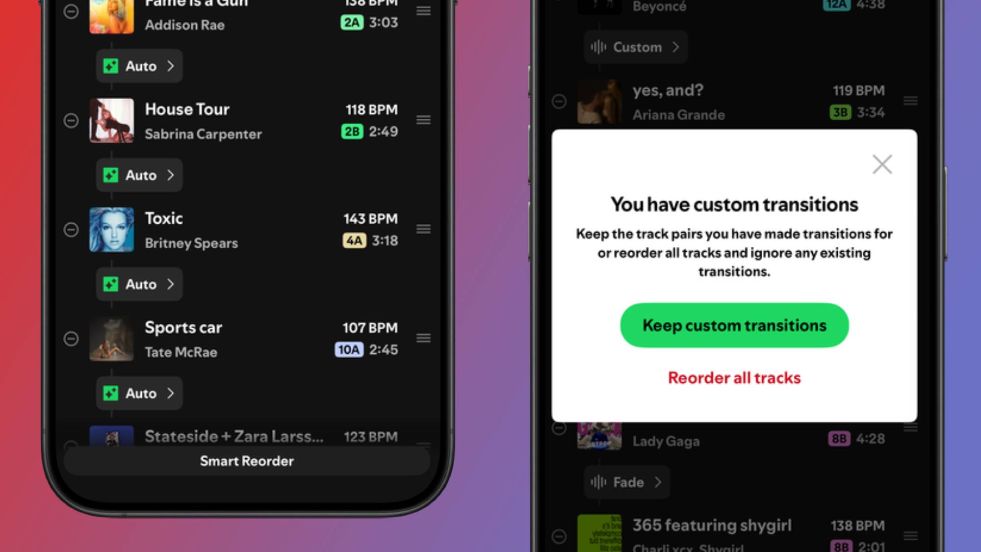 Two smartphones showing Smart Reorder on Spotify