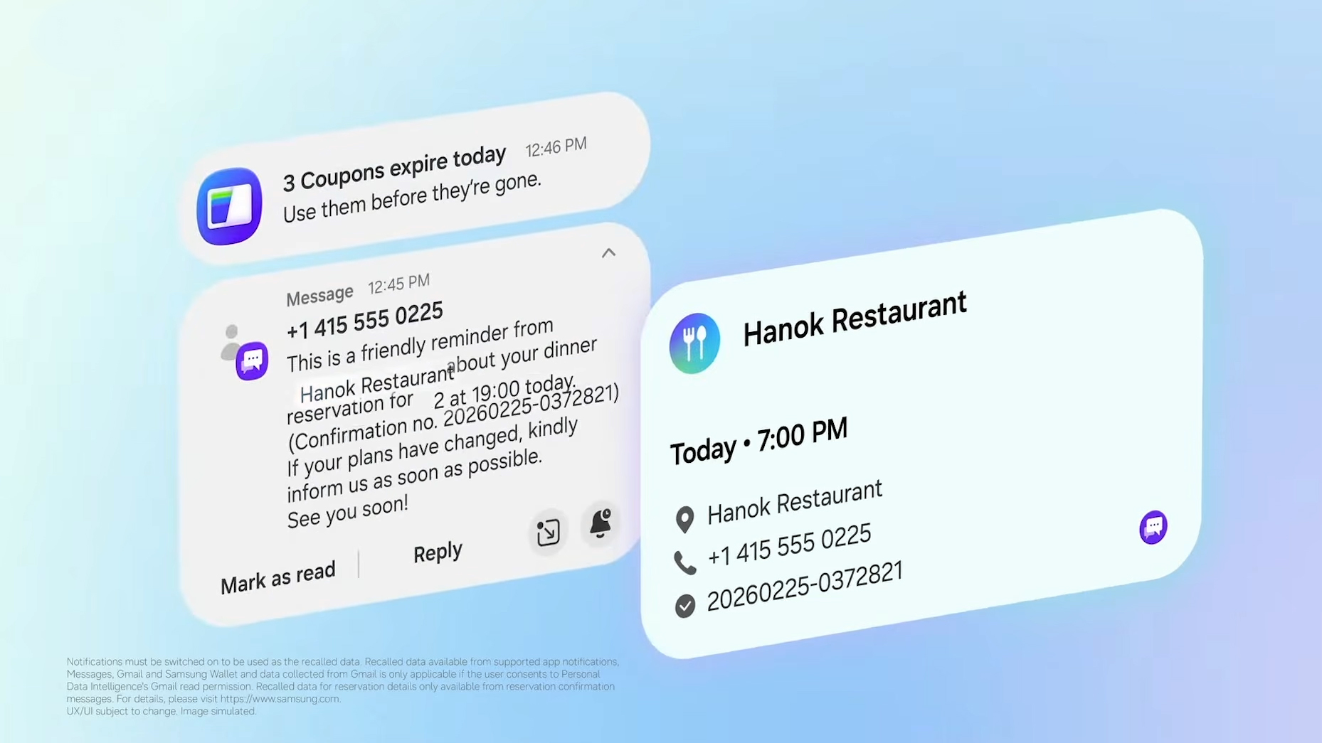 Notifications showing restaurant reservation on Samsung Galaxy AI