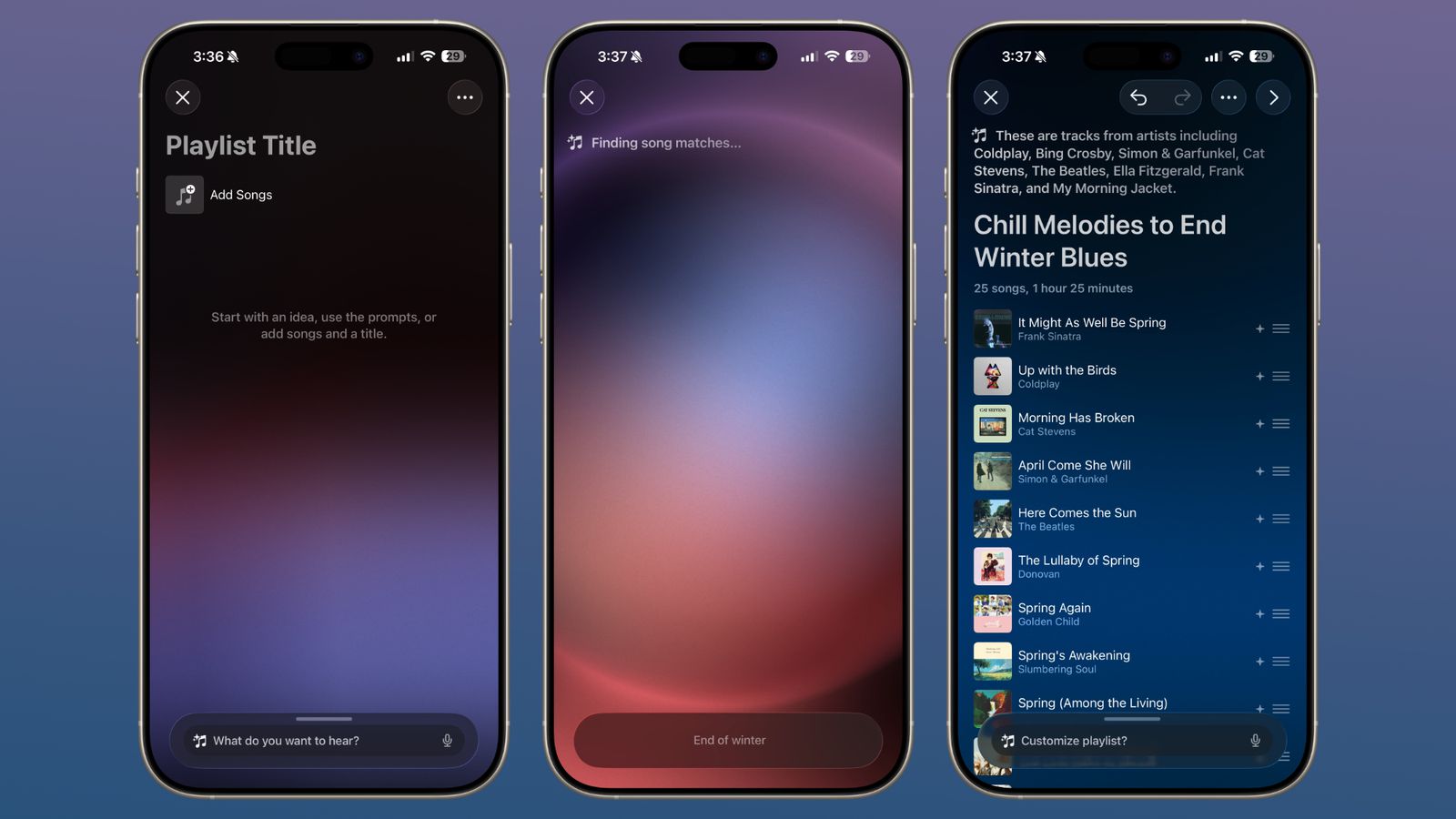 Three iPhones showing off the new AI playlists tool in Apple Music