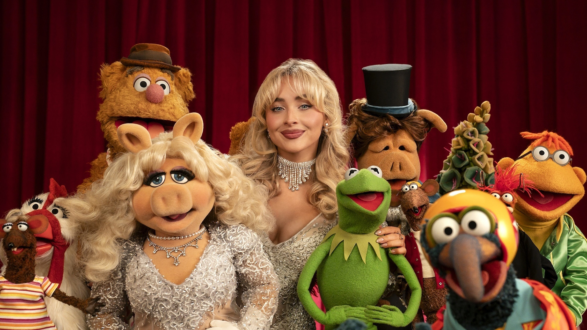 Sabrina Carpenter posing for a photo with The Muppets for The Muppet Show special on Disney+