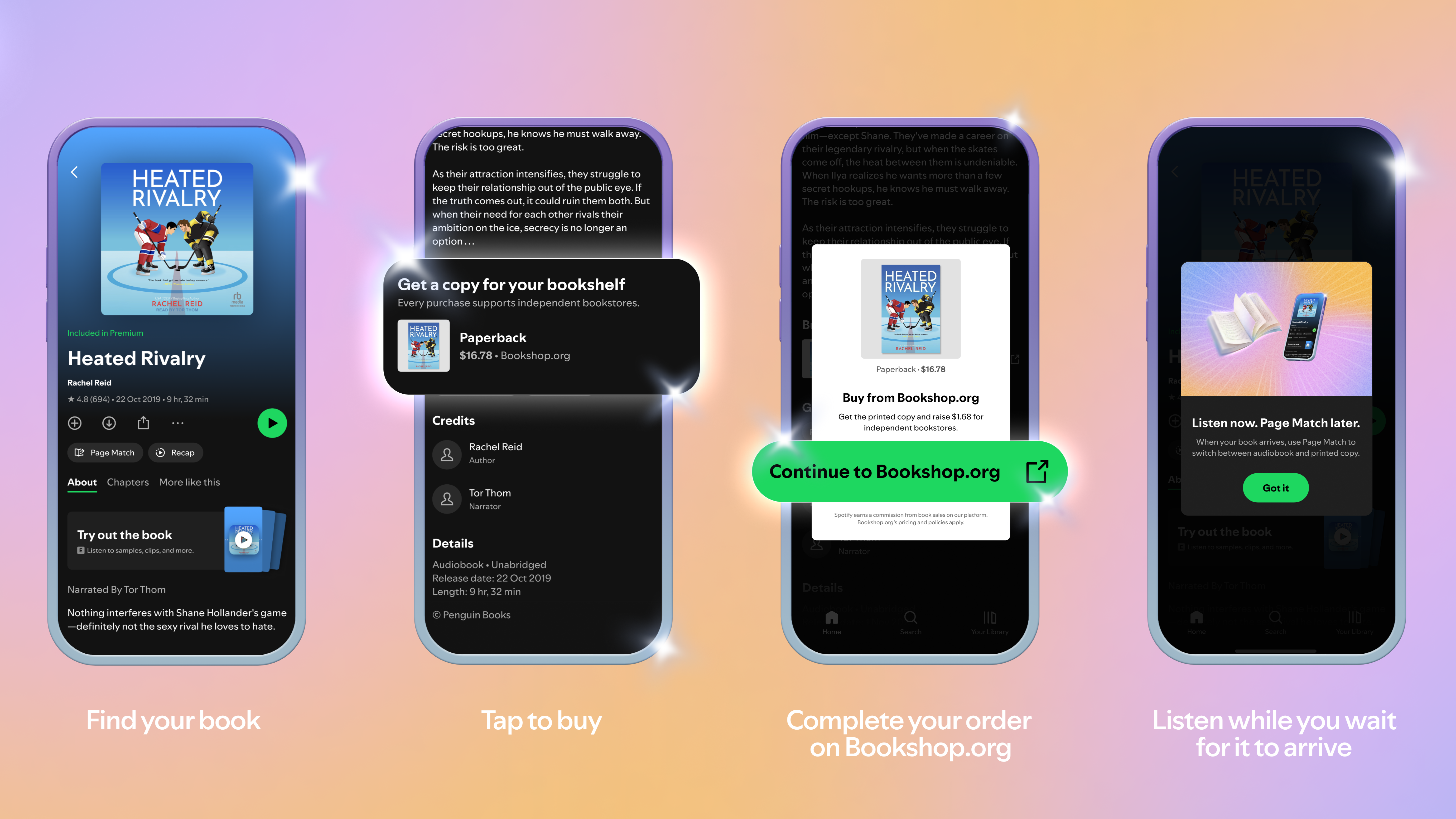 An infographic showing how to buy physical books from the Spotify app