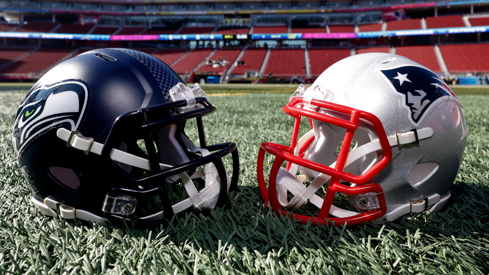 A general view of the Seattle Seahawks helmet and the New England Patriots helmet displayed inside Levi's Stadium prior to Super Bowl LX on February 4, 2026 in Santa Clara, California.
