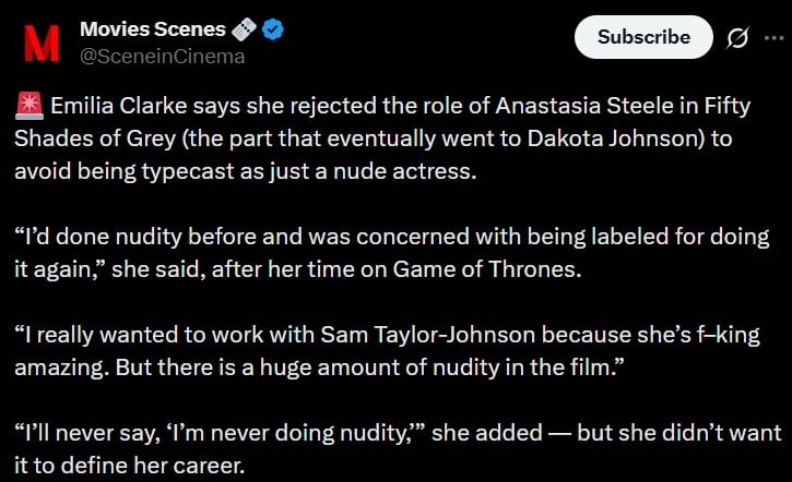 Emilia Clarke reveals that she rejected Fifty Shades of Gray for professional reasons