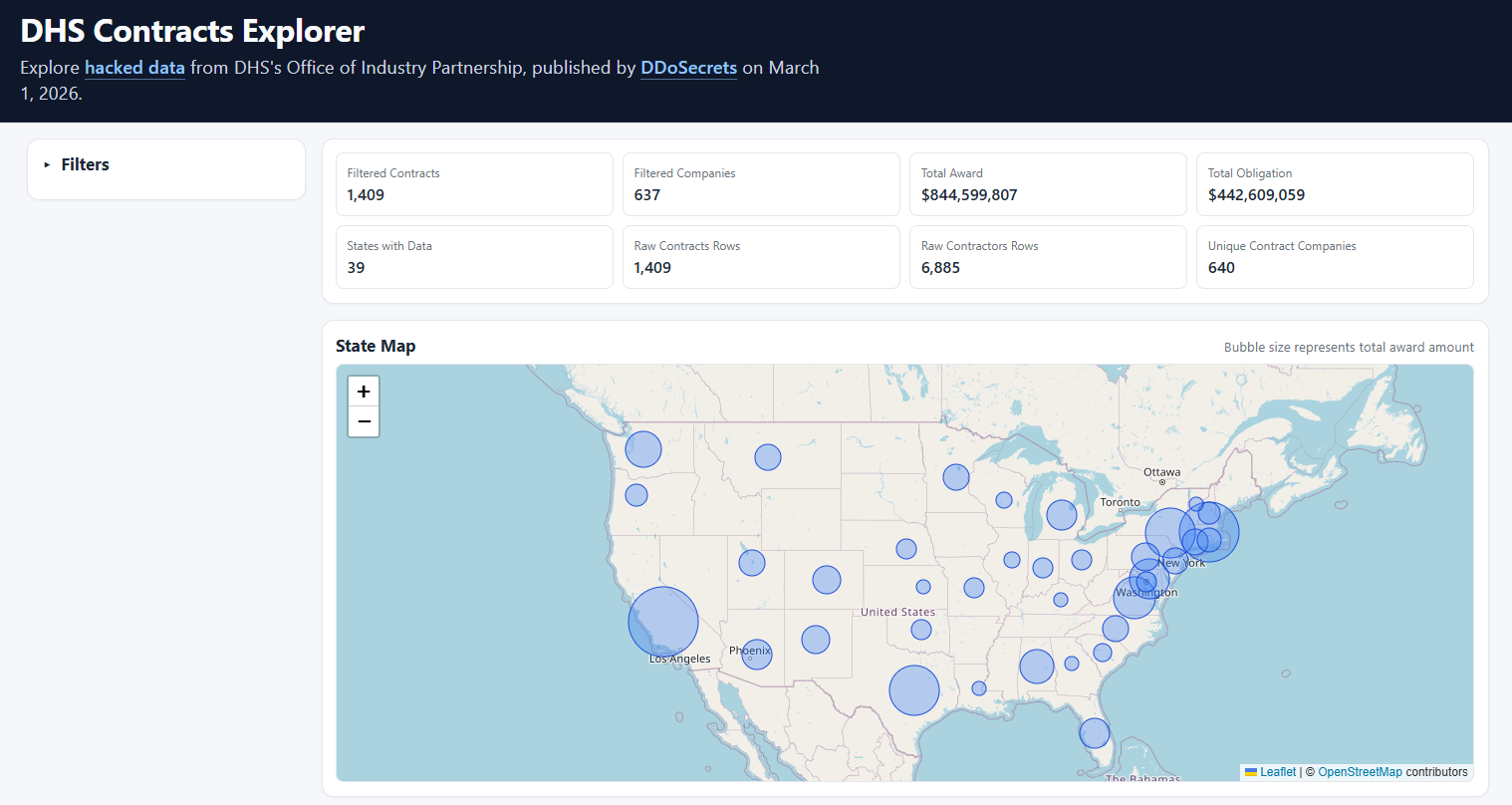 Contract information stolen by DHS and ICE Department of Peace hacktivist group hosted online.